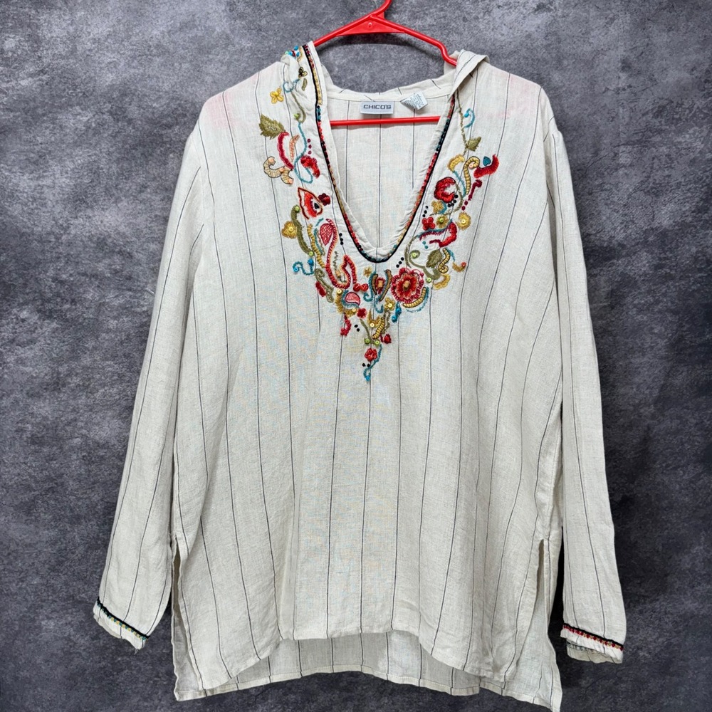 Chicos Linen Embroidered Hooded Tunic Top Blouse Size 2 Beige Boho Lagenlook